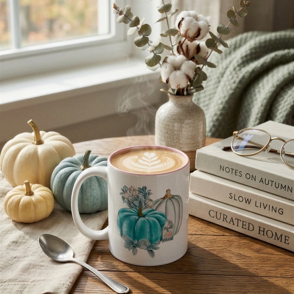 Blue pumpkin autumn mug on a wooden table with pastel pumpkins, books, and cozy seasonal home decor.
