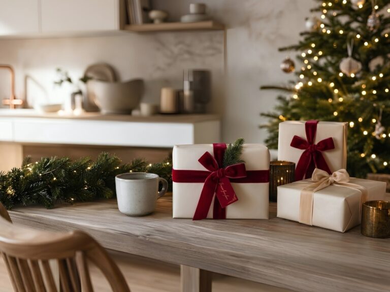 Wrapped Christmas gifts with velvet ribbon displayed beside greenery and a warm holiday mug.