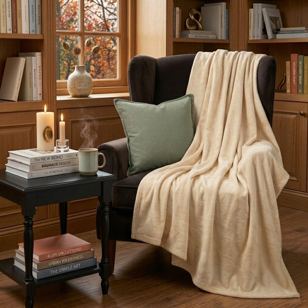 Cream throw blanket draped over an armchair beside candles and autumn decor