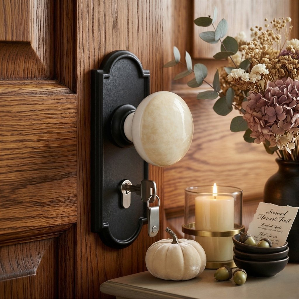 Parchment-colored door knob with black hardware styled alongside candles, dried florals, and neutral autumn decor in an elegant entryway.