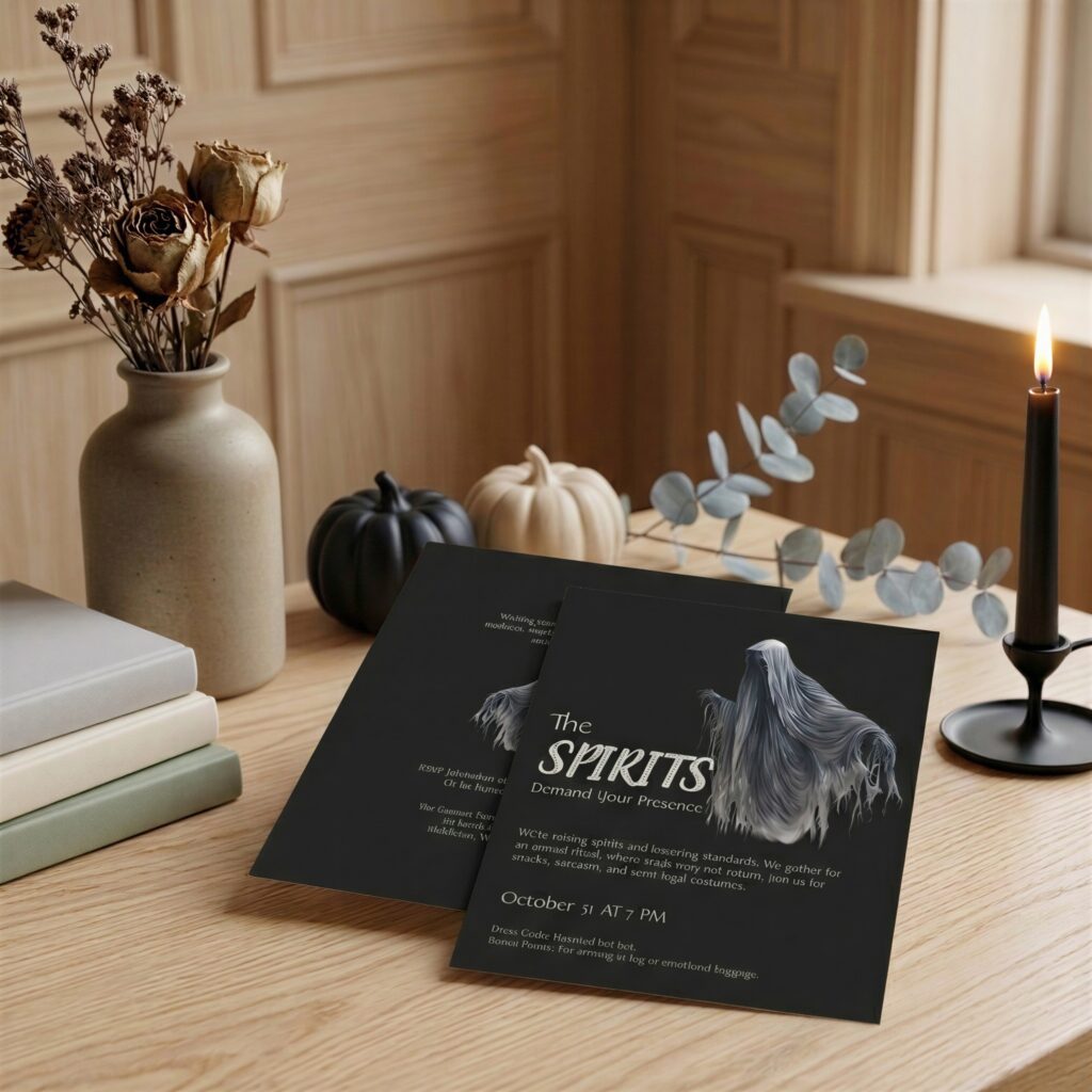 Sophisticated black Halloween invitation displayed with candlelight and seasonal décor.