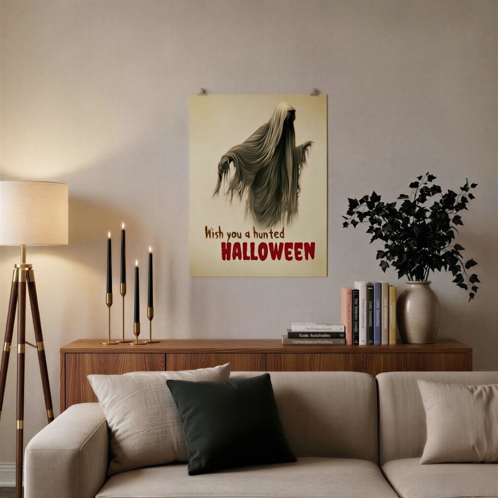 Ghost Halloween wall art displayed above a neutral sofa with black accent pillow, candlelight, and minimalist seasonal decor