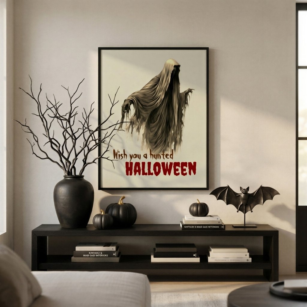Ghost Halloween artwork displayed above a console table with black branches and seasonal accents