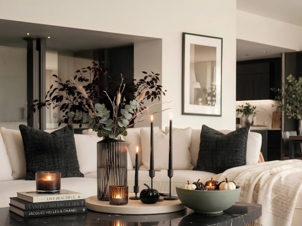 Elevated Halloween living room decor with black accents, candles, and autumn styling