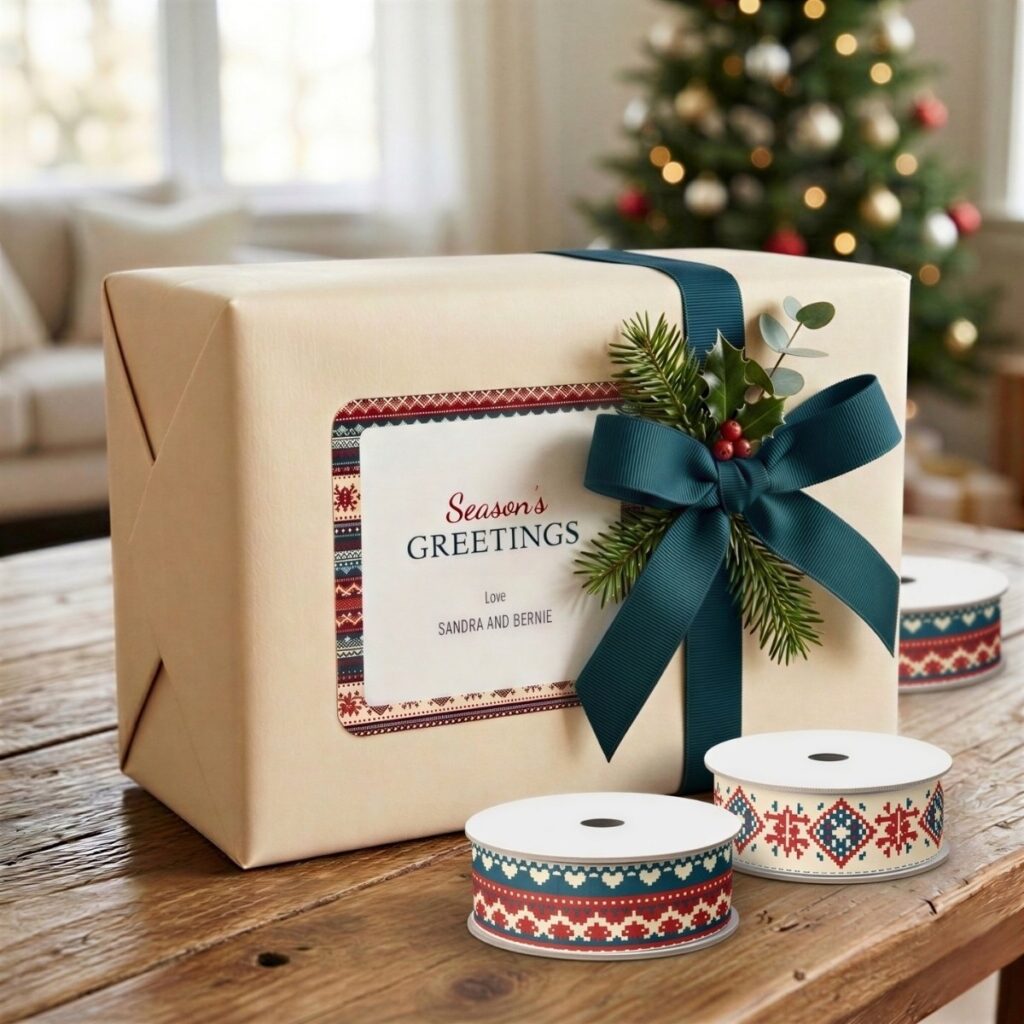 Cream Christmas Gift Wrapped with Coordinating Fair Isle Ribbon and Gift Tag