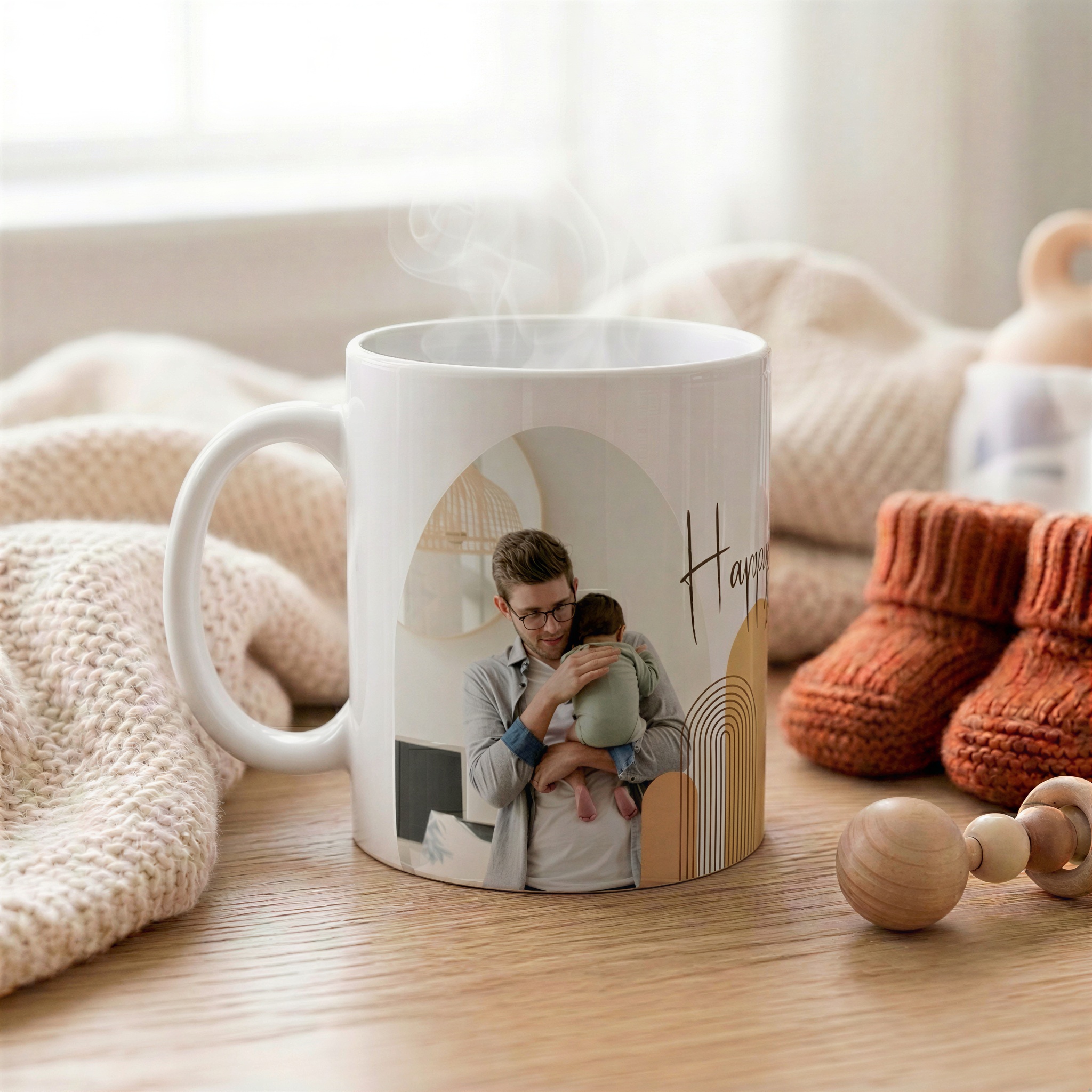 Personalized First Father's Day mug displayed with baby accessories and keepsakes