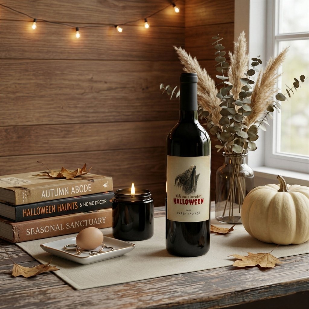 Halloween tabletop vignette with custom wine bottle, candles, books, and neutral pumpkins