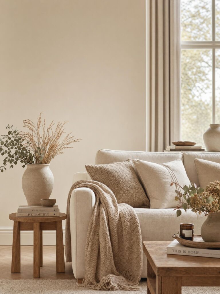 Elegant neutral living room with linen sofa, soft textiles, natural wood furniture, dried botanicals, and warm natural light creating a calm seasonal atmosphere.