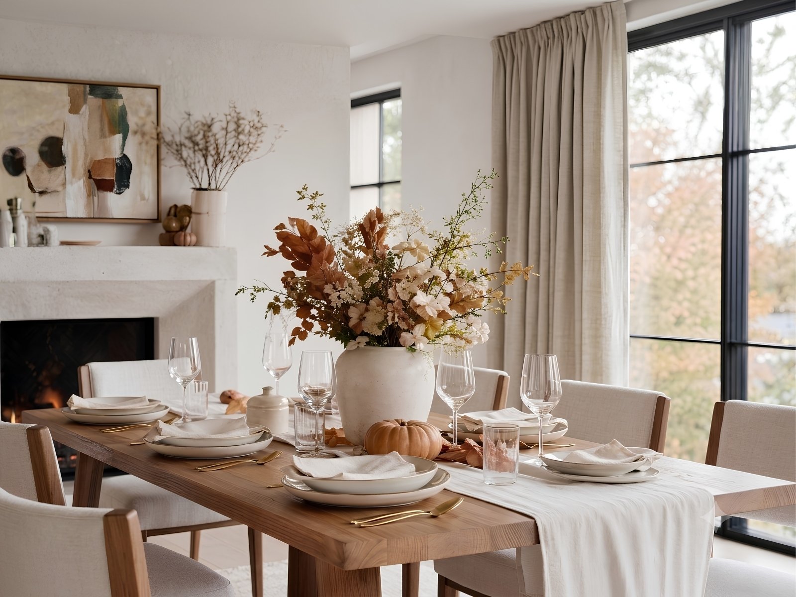 Elegant Thanksgiving tablescape featuring seasonal florals, pumpkins, layered table settings, and warm autumn décor.
