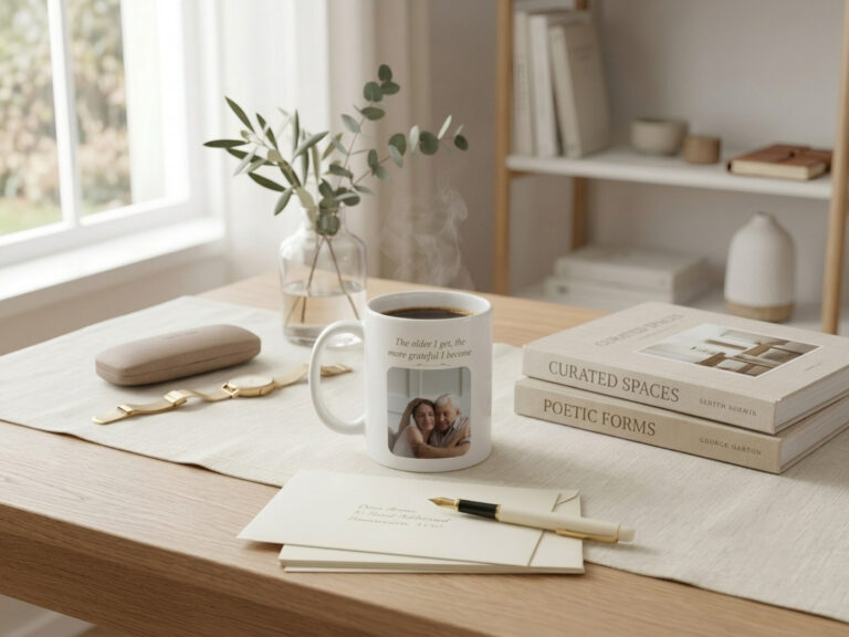 Personalized Father's Day mug with heartfelt gratitude message displayed in a warm home setting