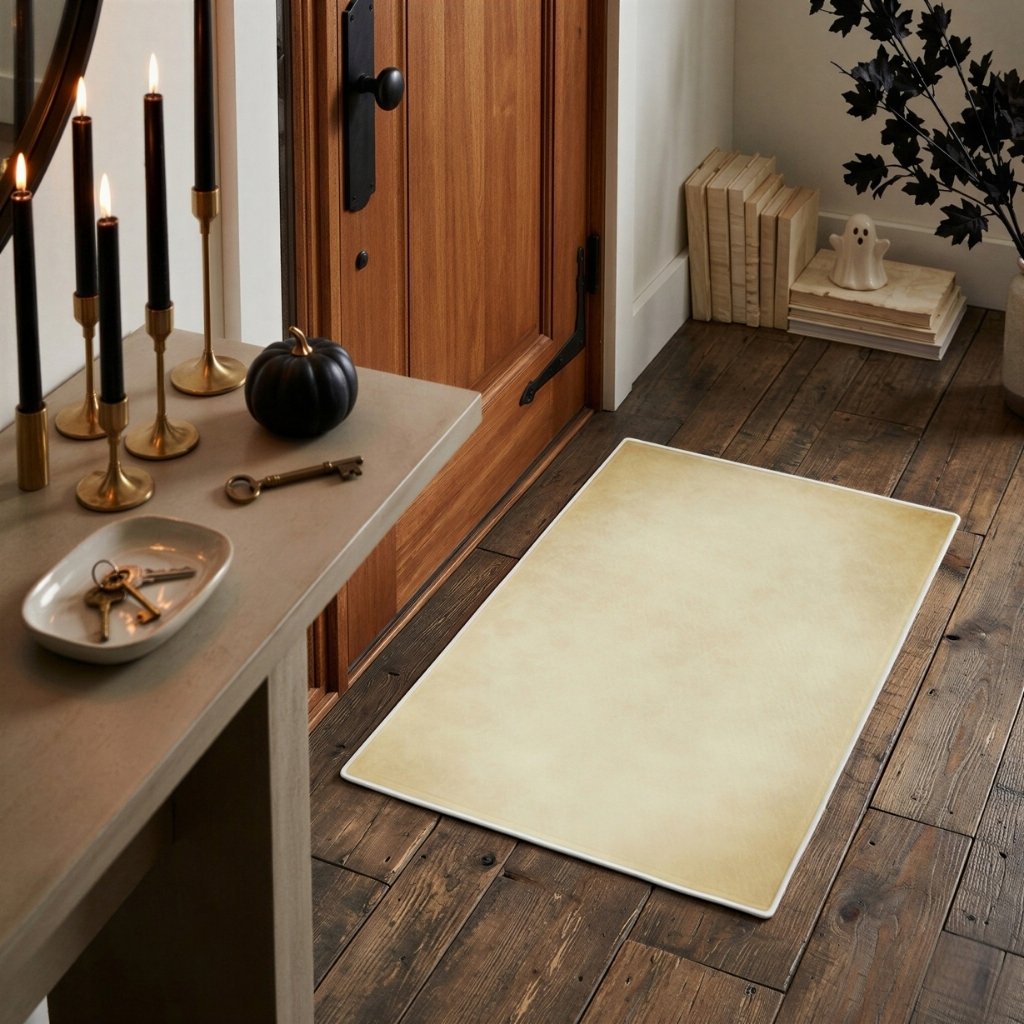 Parchment-colored hallway doormat styled with black candleholders and seasonal accents