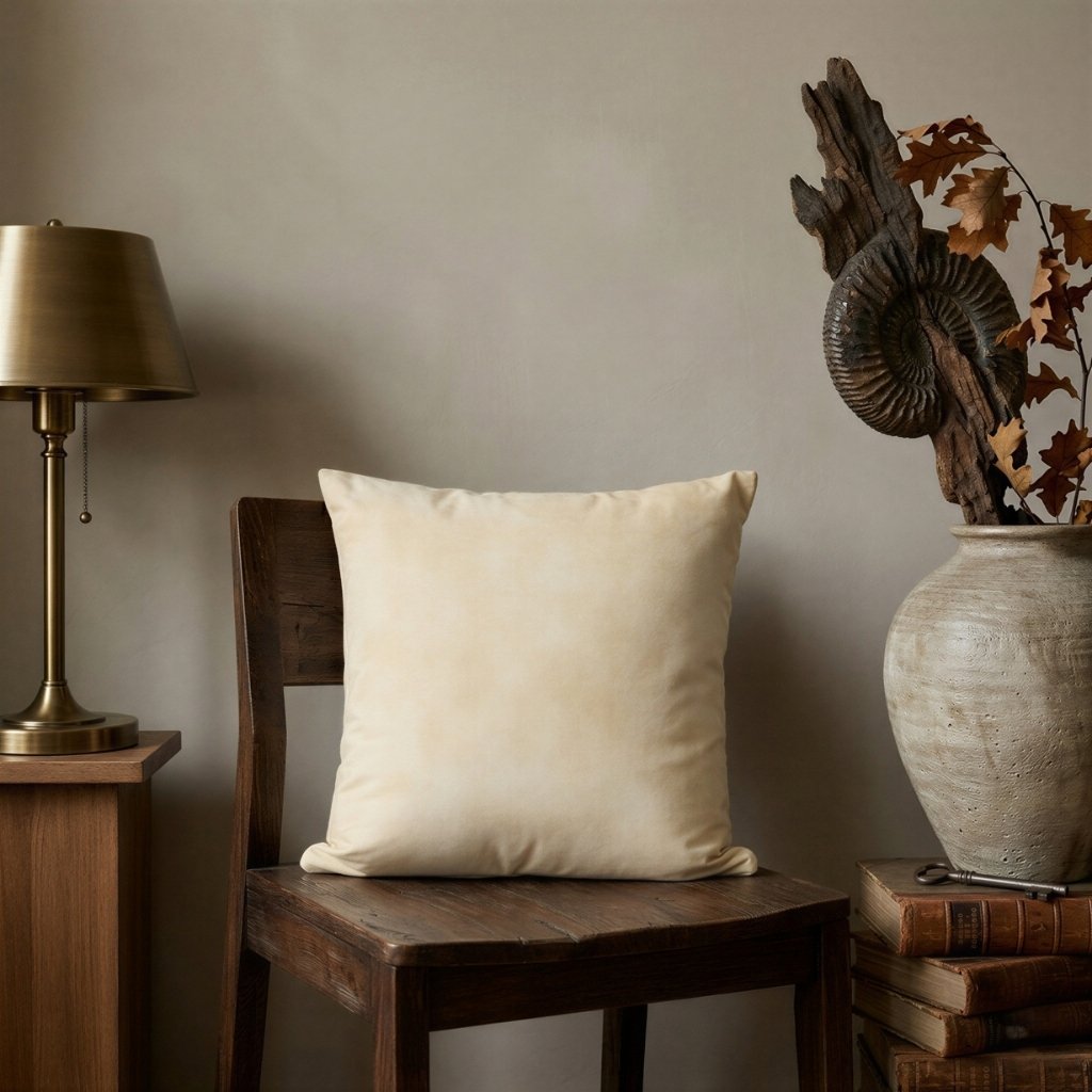 Cream parchment-colored accent pillow styled in a neutral autumn living room