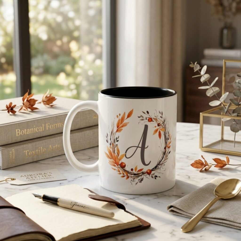 Monogram coffee mug featuring an autumn wreath design displayed in a warm seasonal setting.
