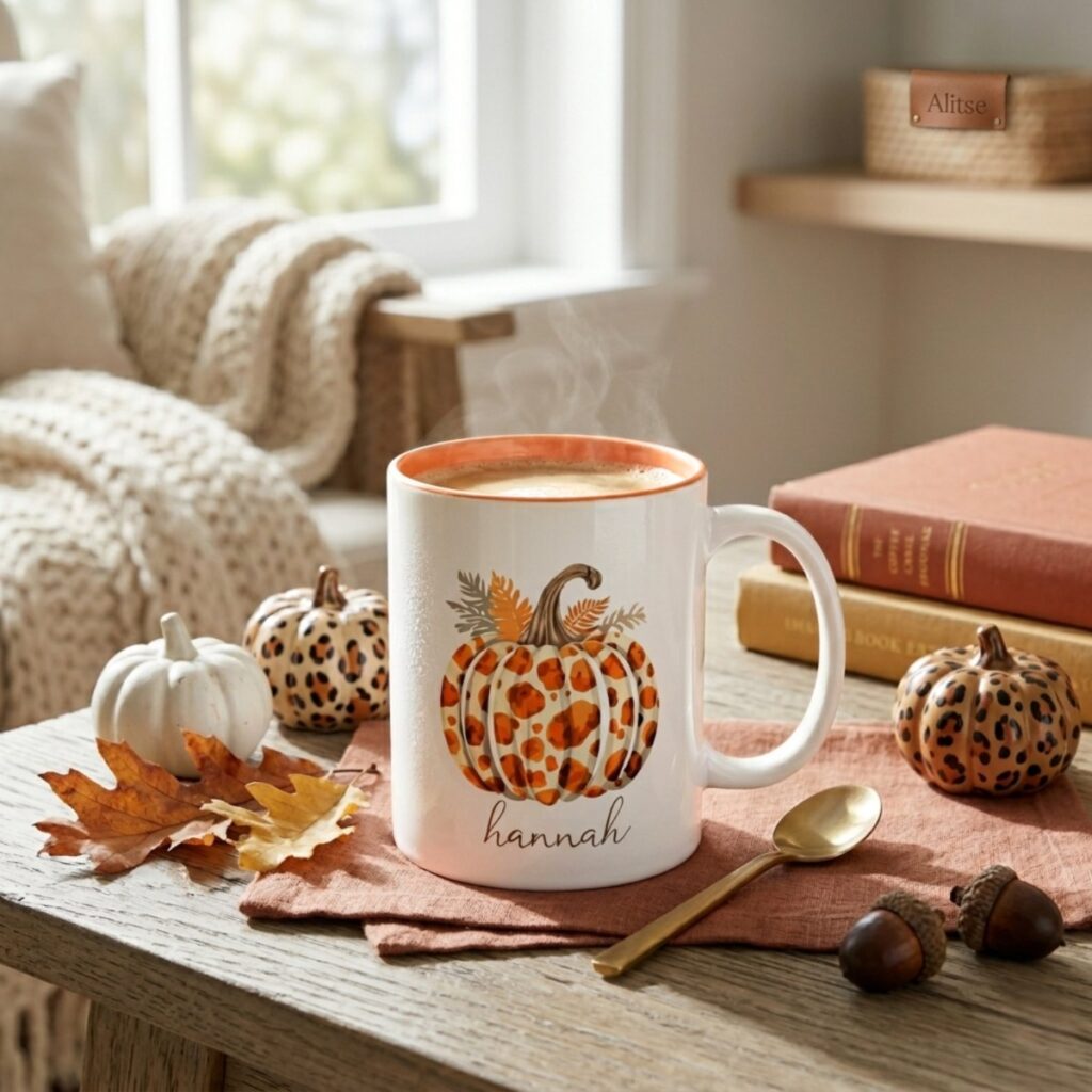 Custom autumn mug featuring a personalized pumpkin design surrounded by cozy seasonal décor.