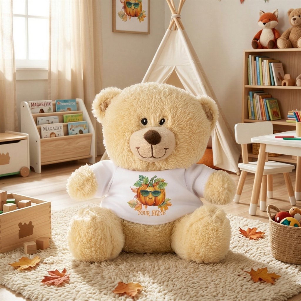 Personalized pumpkin teddy bear sitting in a cozy autumn-themed children's room with soft neutral decor and seasonal accents.