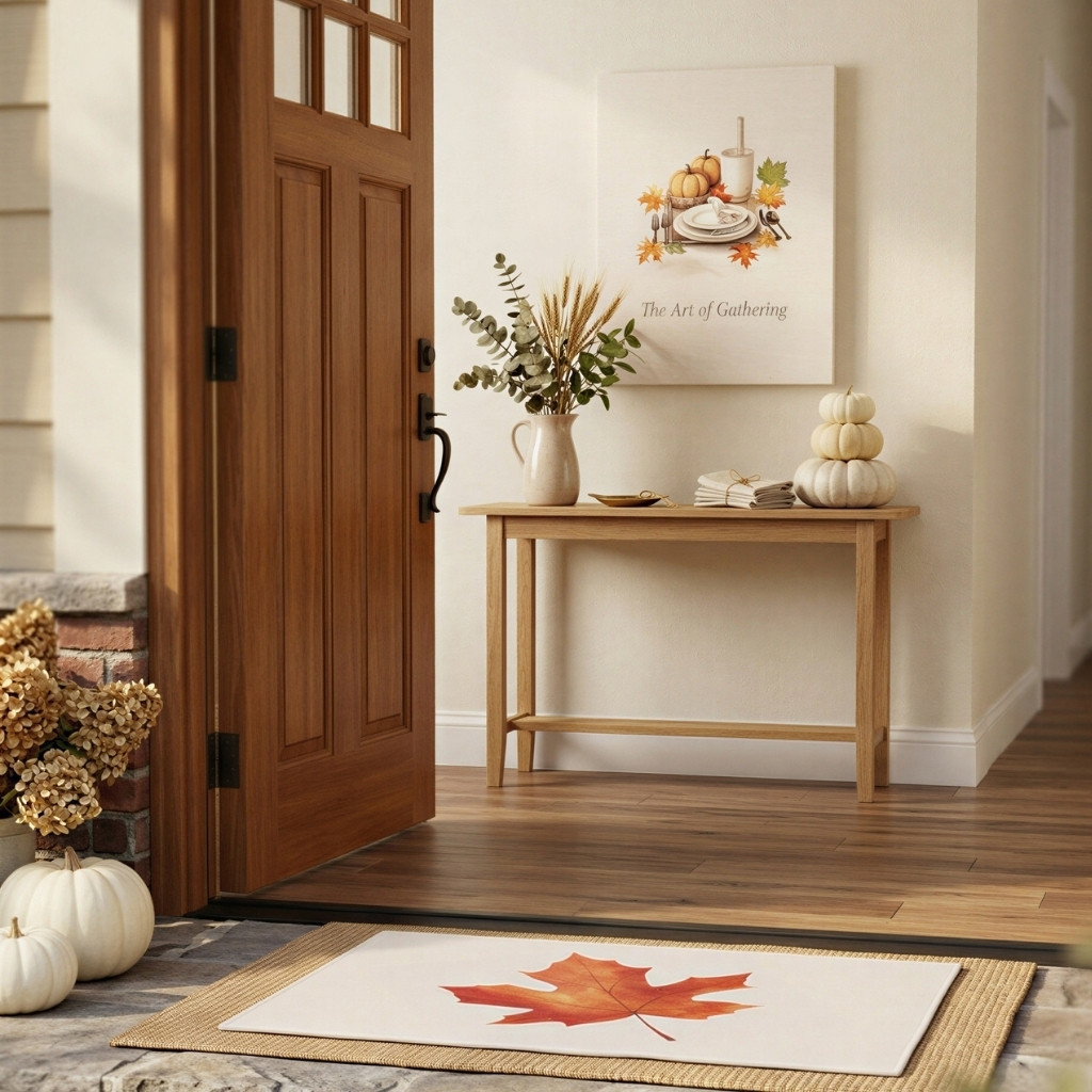 Coordinated Thanksgiving entryway featuring maple leaf doormat and harvest-themed wall art above a console table.