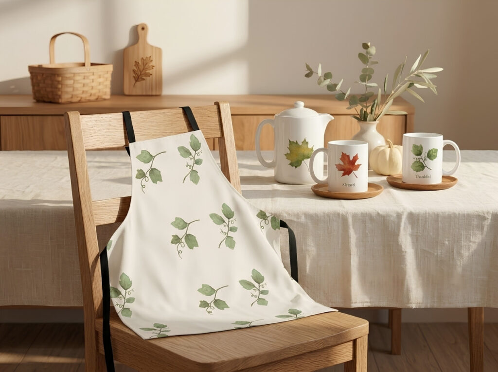 Autumn hosting collection featuring a botanical apron, seasonal mugs, and coordinating teapot styled on a neutral dining table.