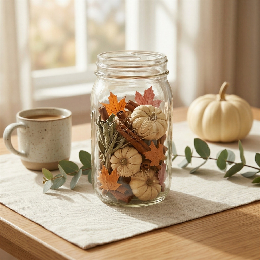 Glass mason jar filled with mini pumpkins, autumn leaves, and seasonal accents for Thanksgiving decorating
