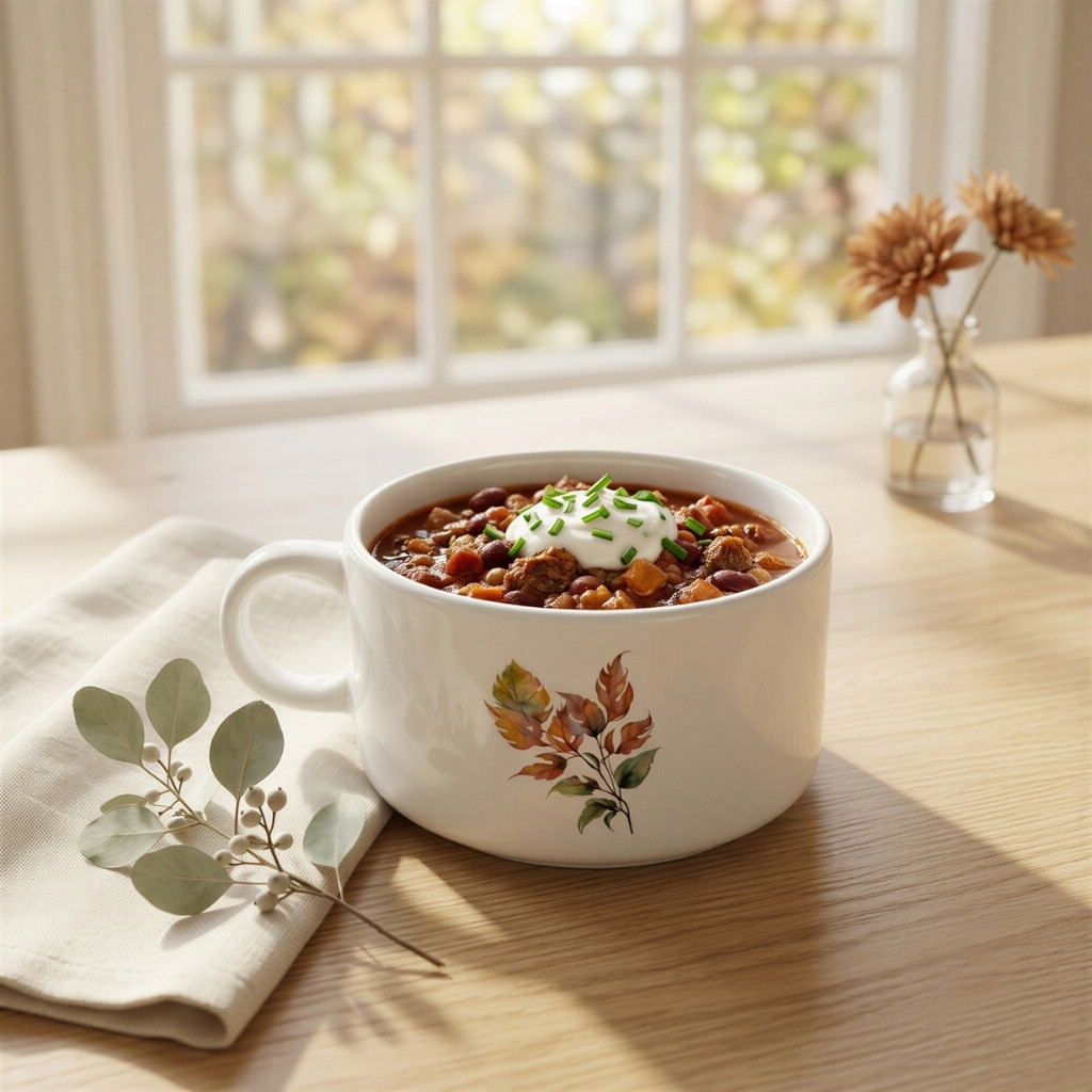 White chili bowl featuring autumn foliage artwork styled for Thanksgiving dining