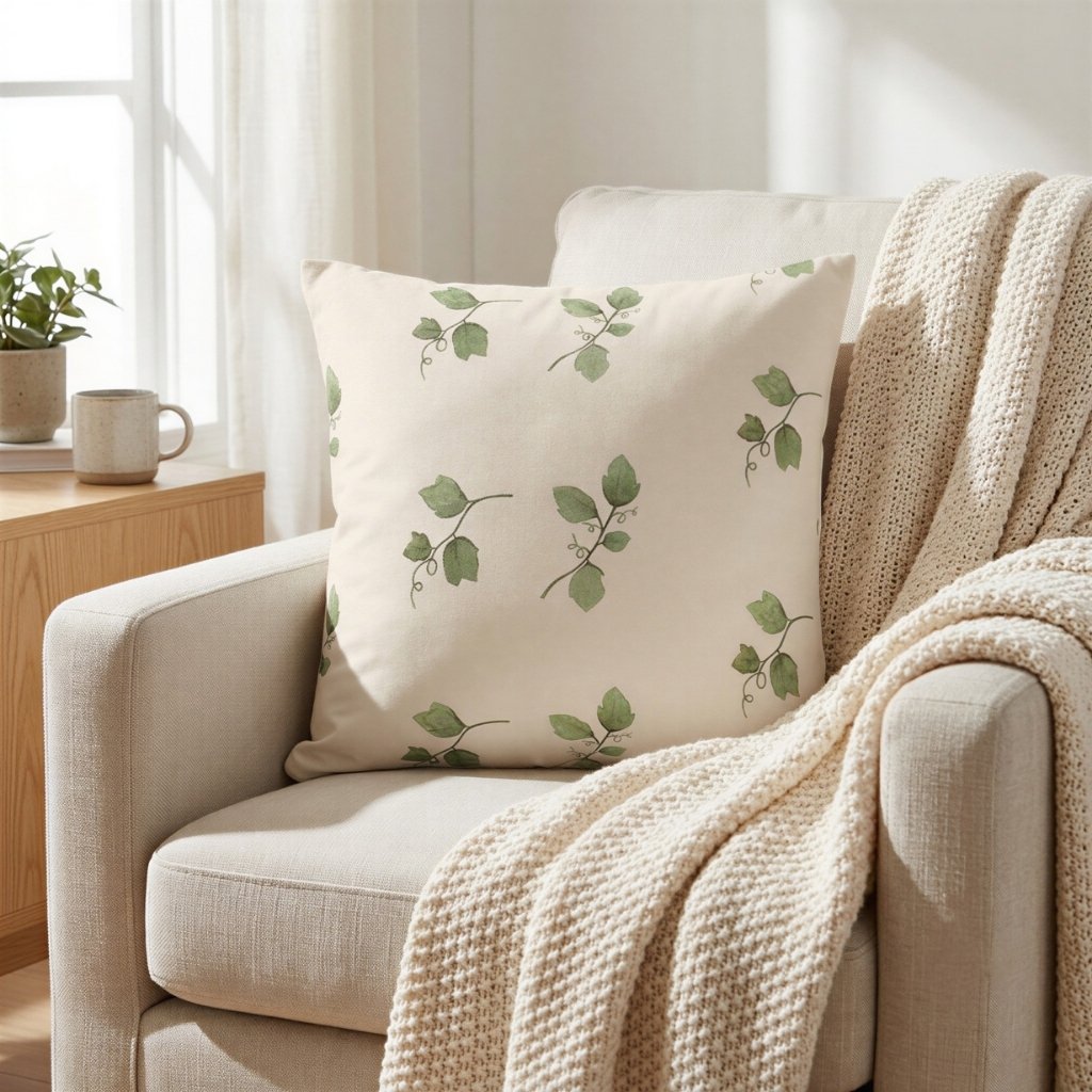 Neutral decorative pillow featuring watercolor vine pattern styled in a cozy autumn living room.