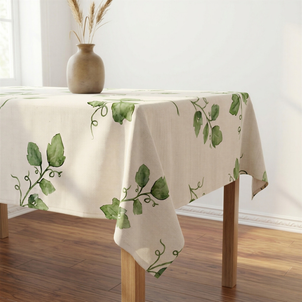 Neutral Thanksgiving tablecloth featuring watercolor vines and autumn leaves