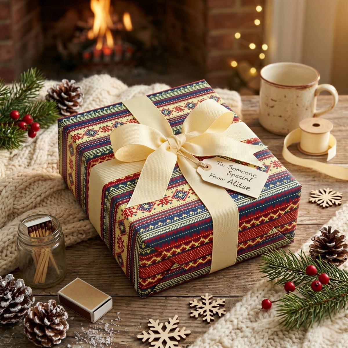 Fair Isle Christmas wrapping paper with coordinating cream ribbon.