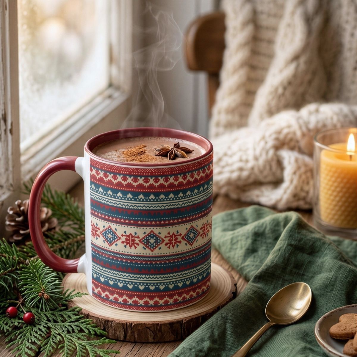 Nordic Fair Isle Christmas mug beside a cozy window.
