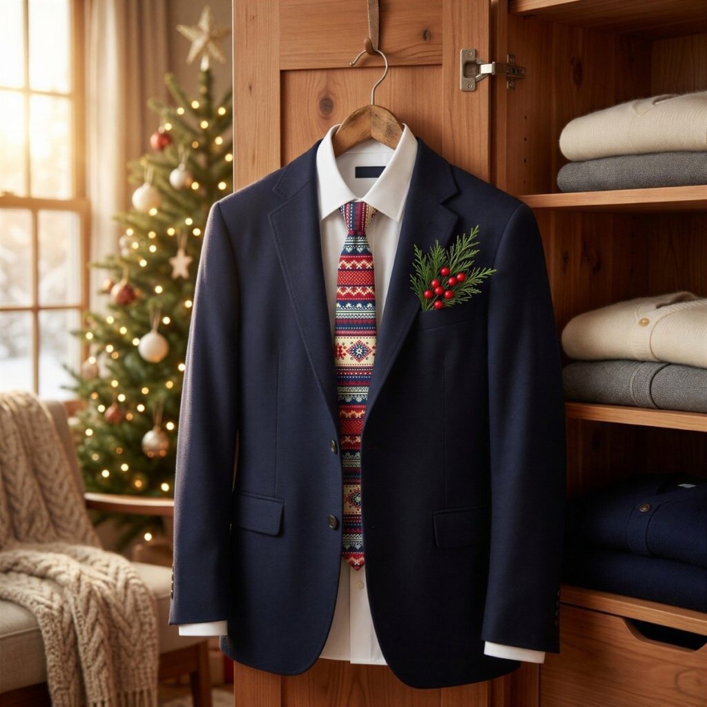 Nordic Fair Isle Christmas necktie styled with a navy suit.