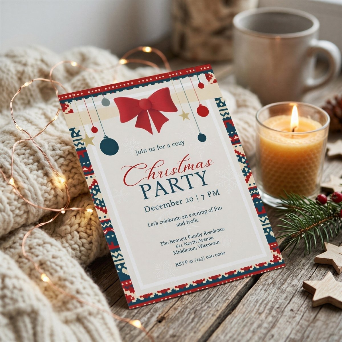 Nordic Fair Isle Christmas party invitation with coordinating envelope and holiday greenery.