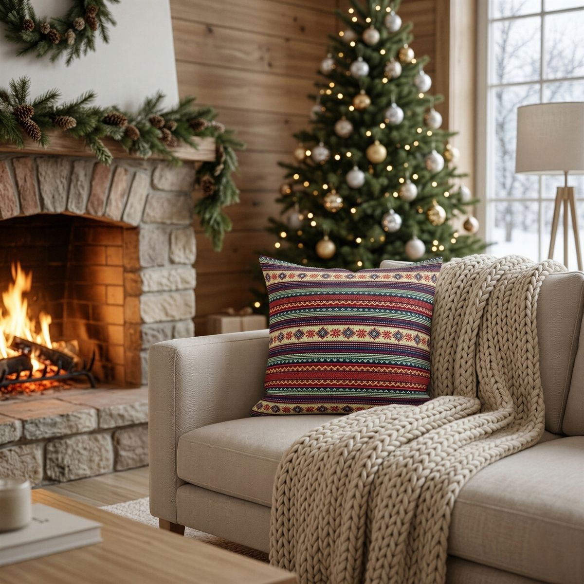 Neutral Christmas living room styled with a Fair Isle accent pillow.