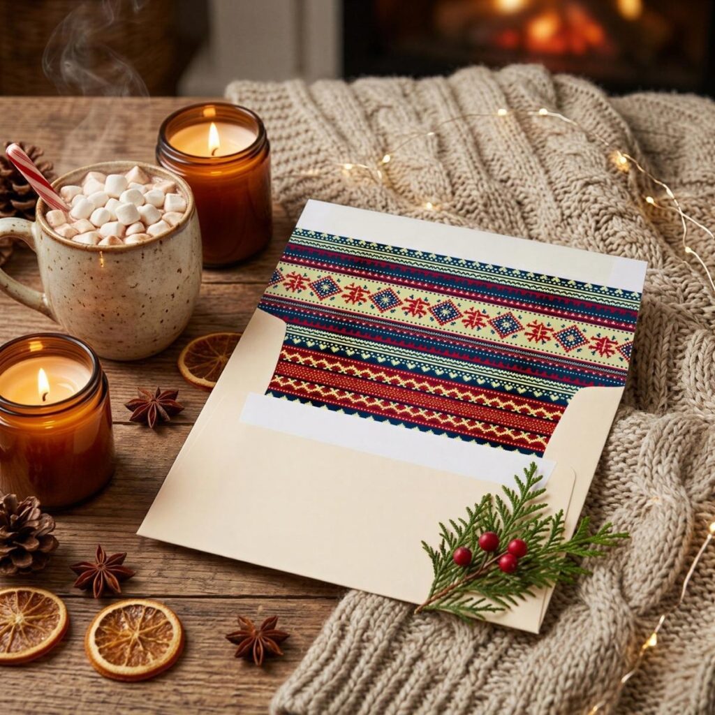 Cream holiday envelope with a printed Fair Isle interior.