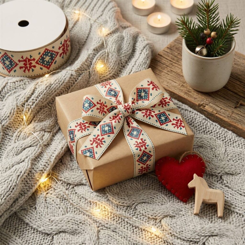 Patterned Fair Isle Christmas ribbon wrapped around a kraft paper gift.