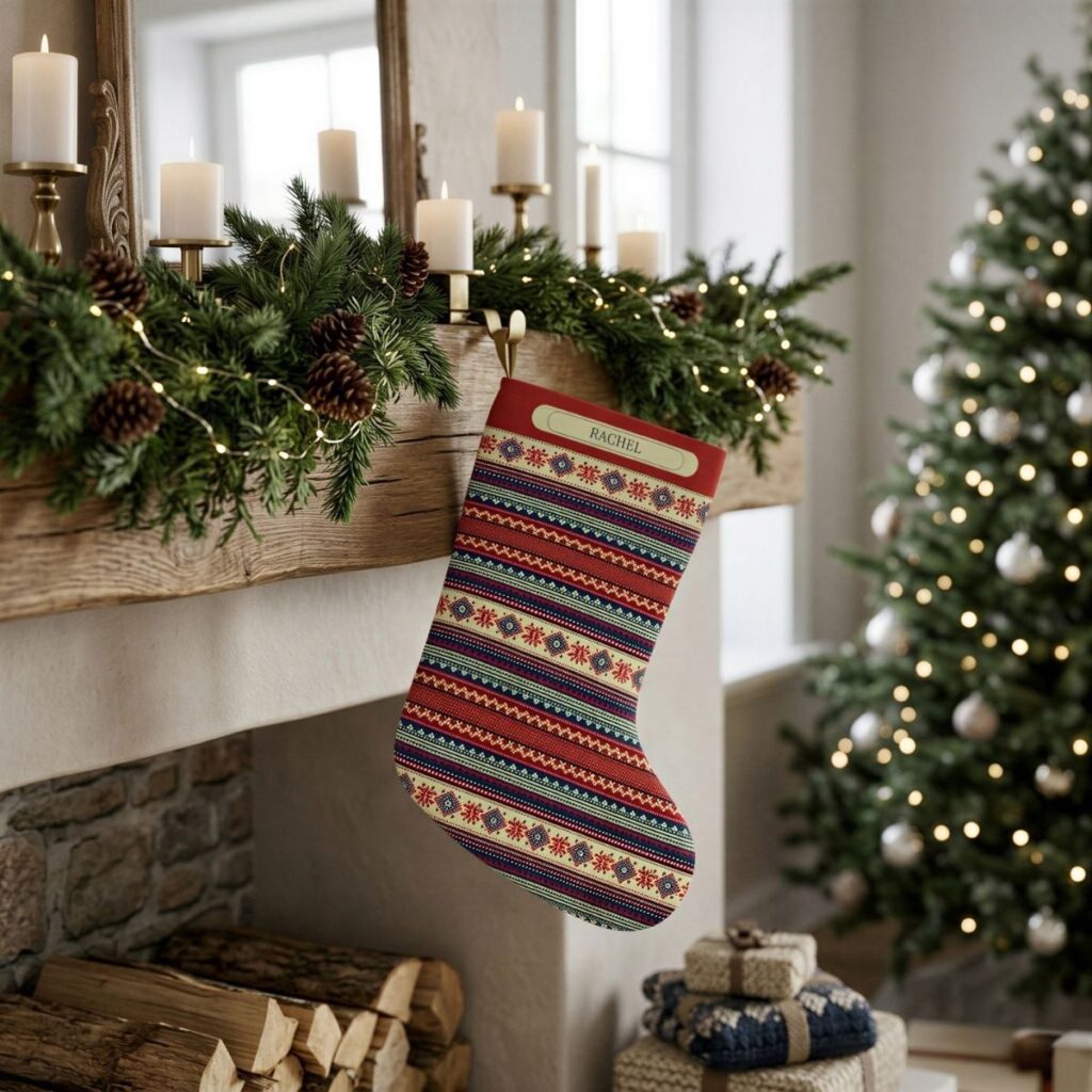 Personalized Fair Isle Christmas stocking hanging by the fireplace.