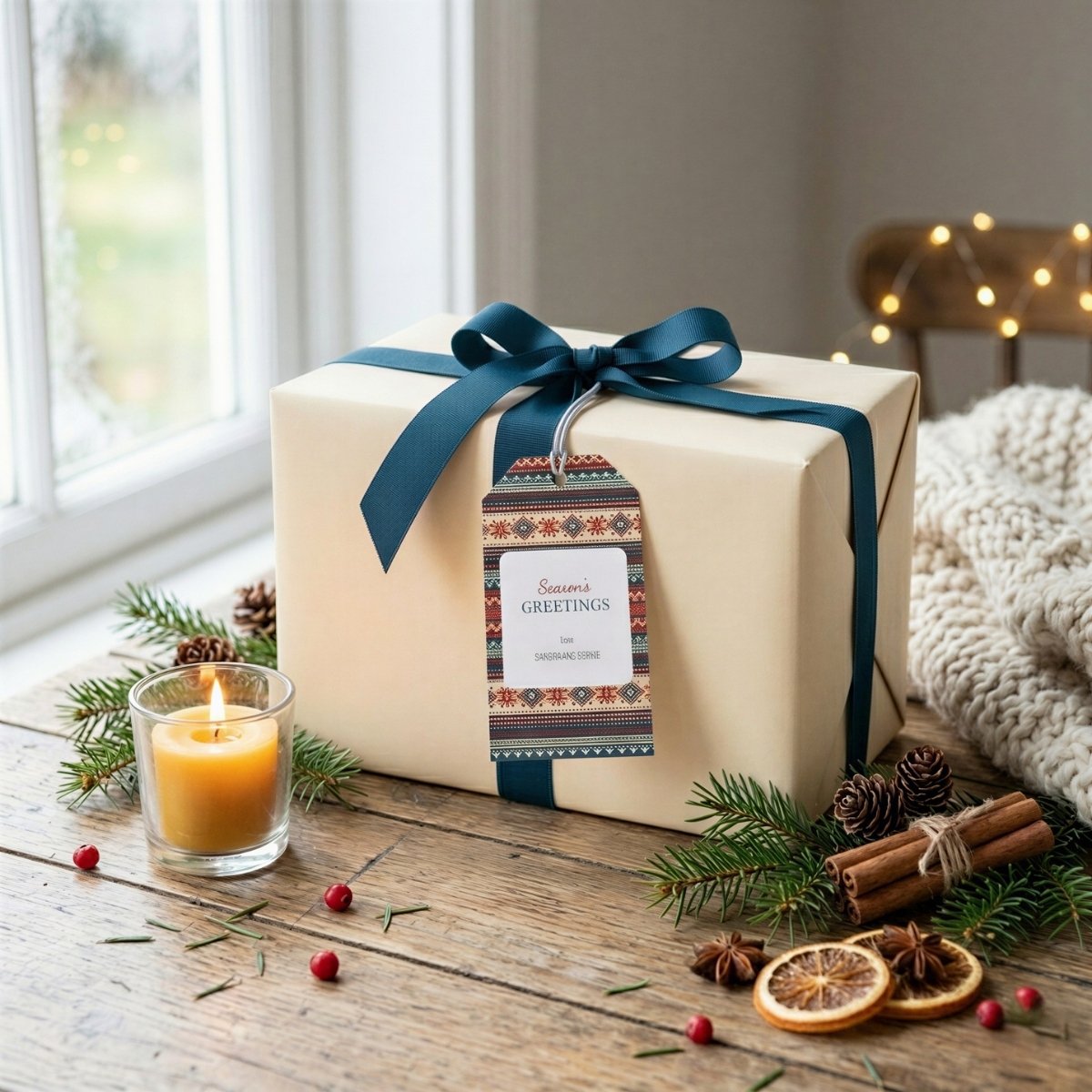 Personalized Fair Isle holiday gift label on wrapped present.