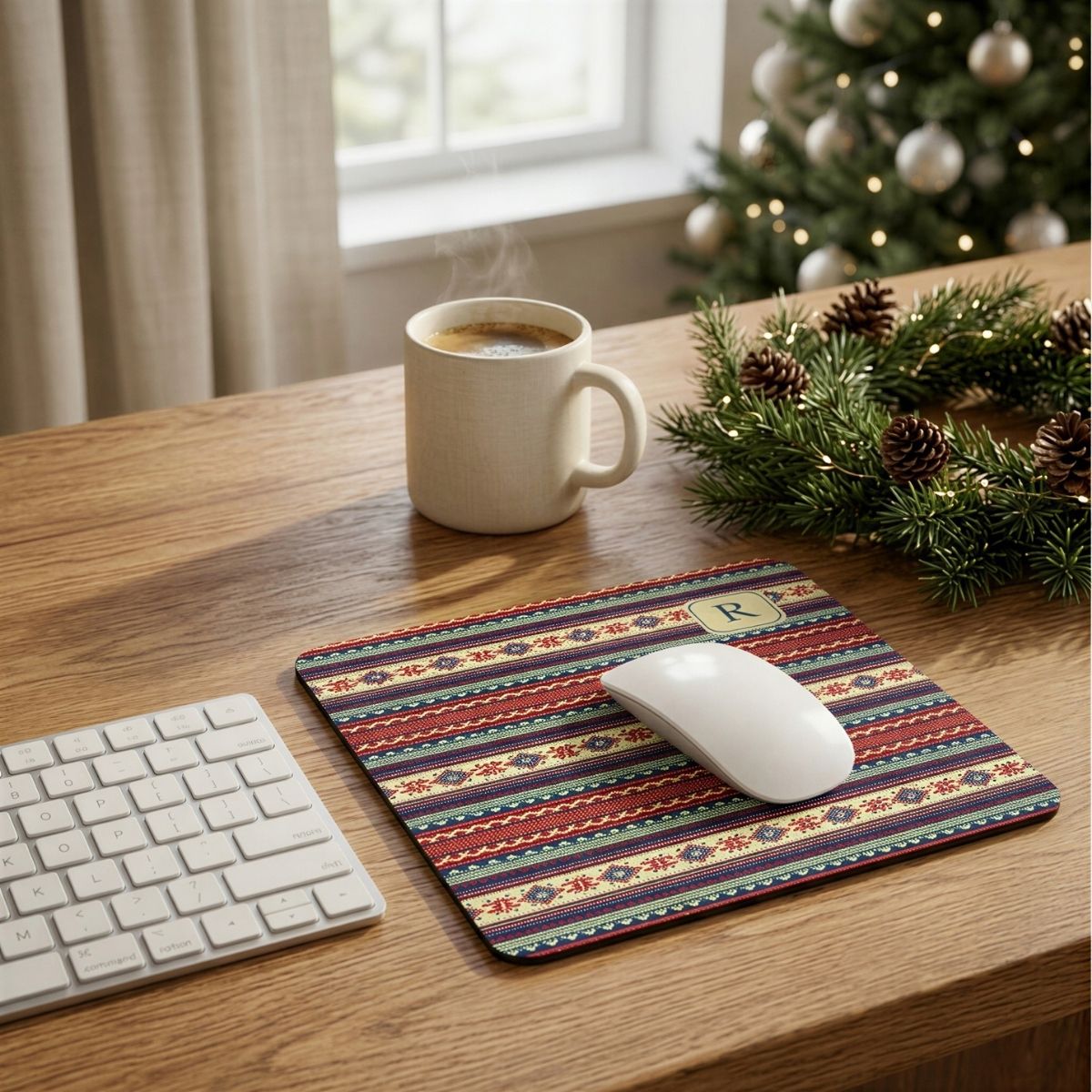 Personalized Fair Isle mouse pad in a cozy holiday workspace.