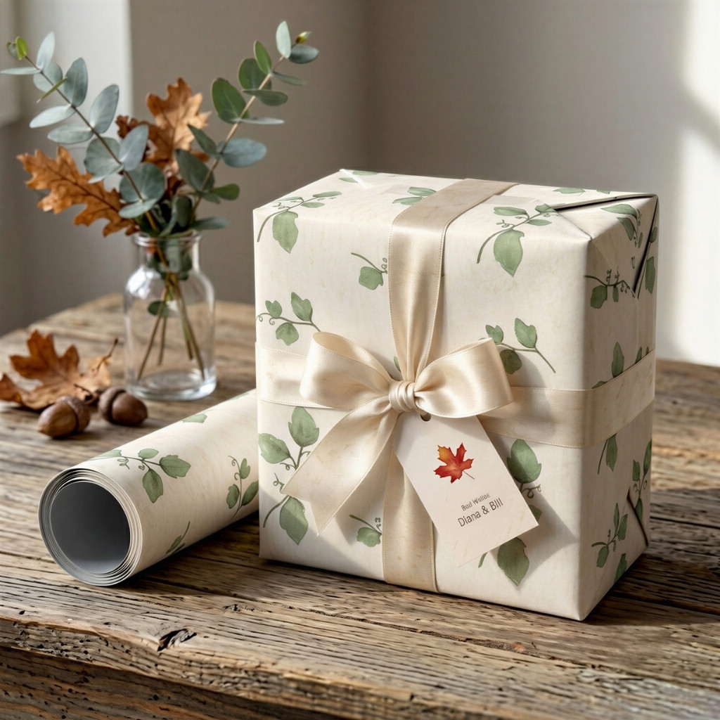 Wrapped Thanksgiving gift featuring watercolor vine gift wrap, satin ribbon, and coordinating maple leaf gift tag.