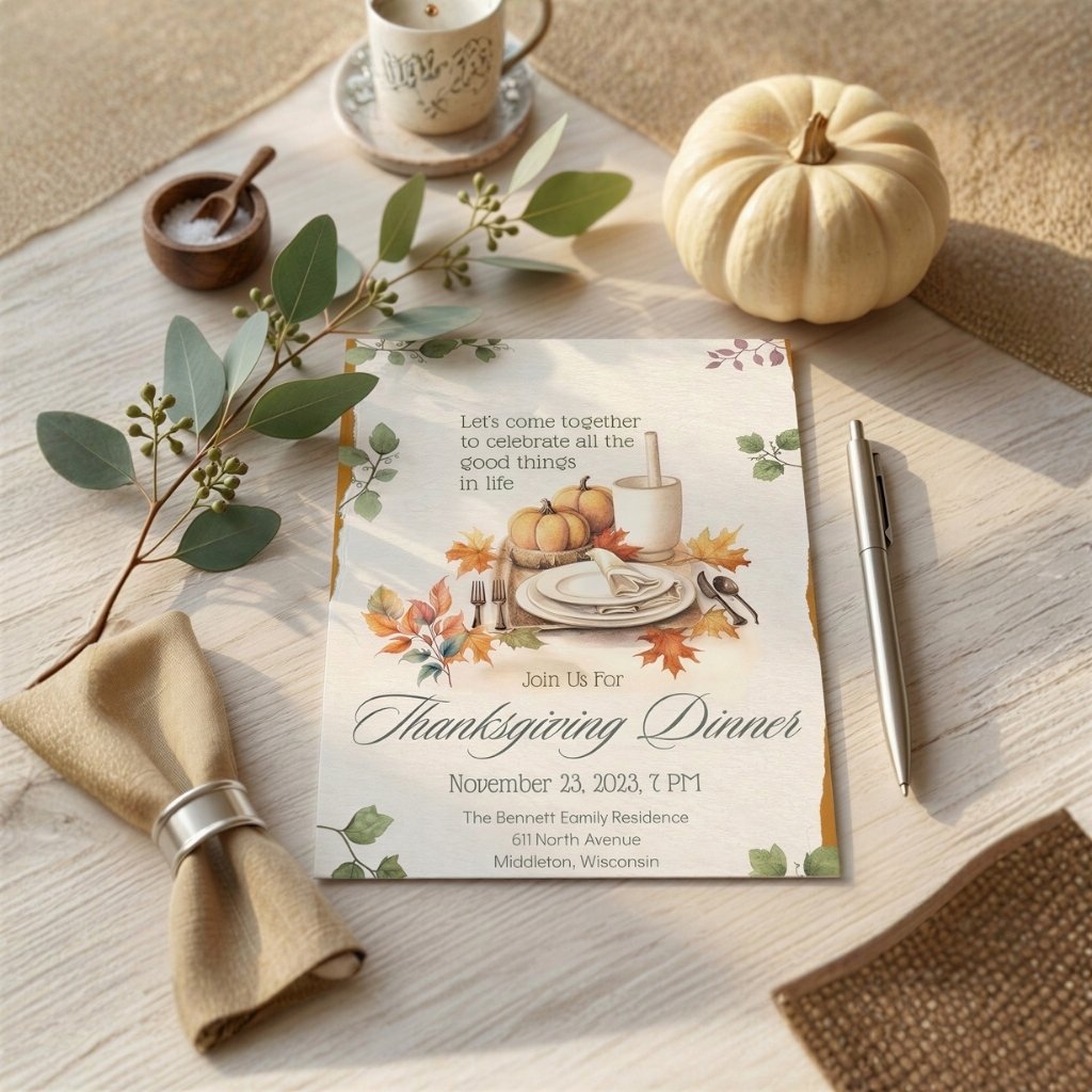 Watercolor Thanksgiving invitation styled with autumn decor, eucalyptus, and a white pumpkin on a light wood table.