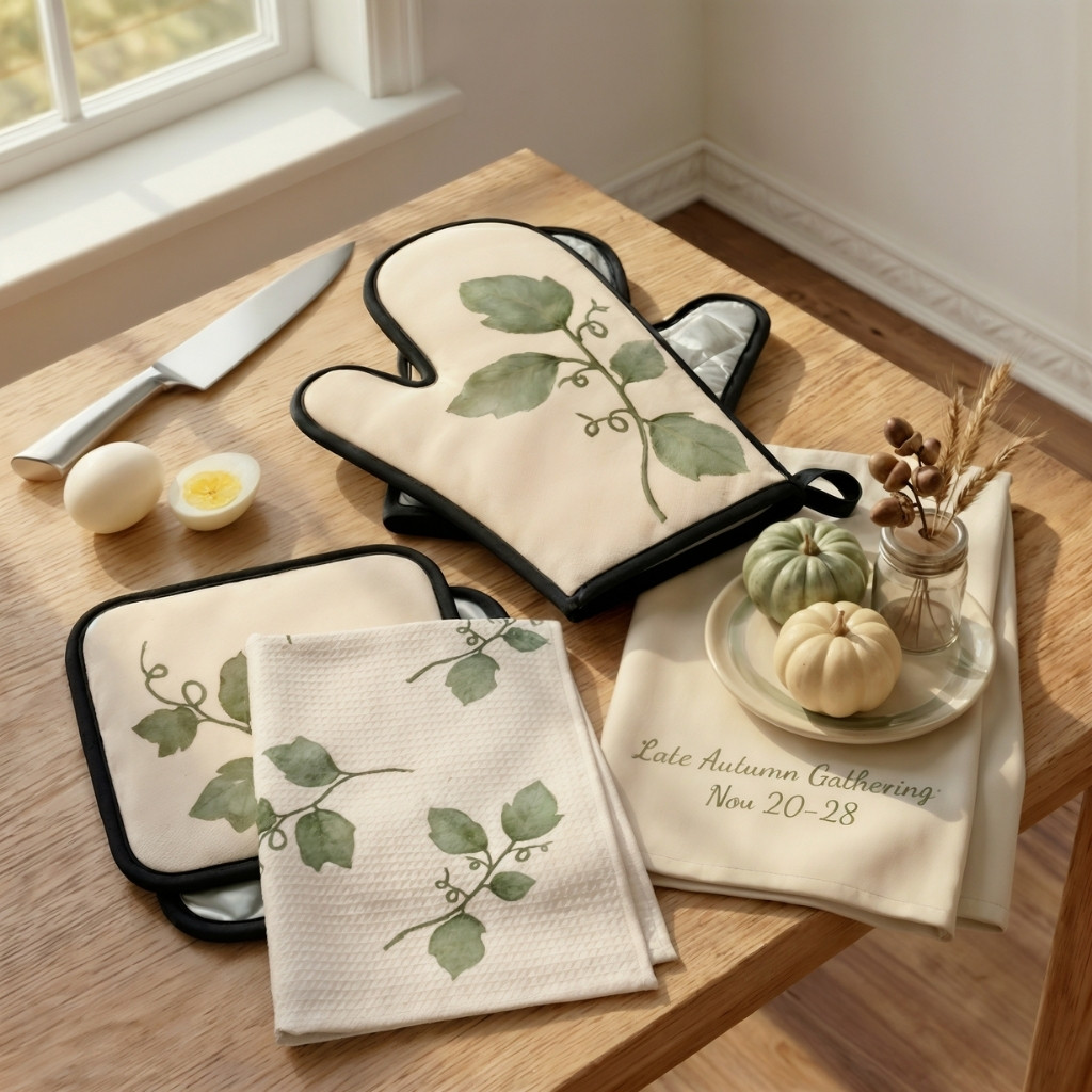Watercolor vine oven mitt, pot holder, and kitchen towel styled together in a neutral Thanksgiving kitchen.
