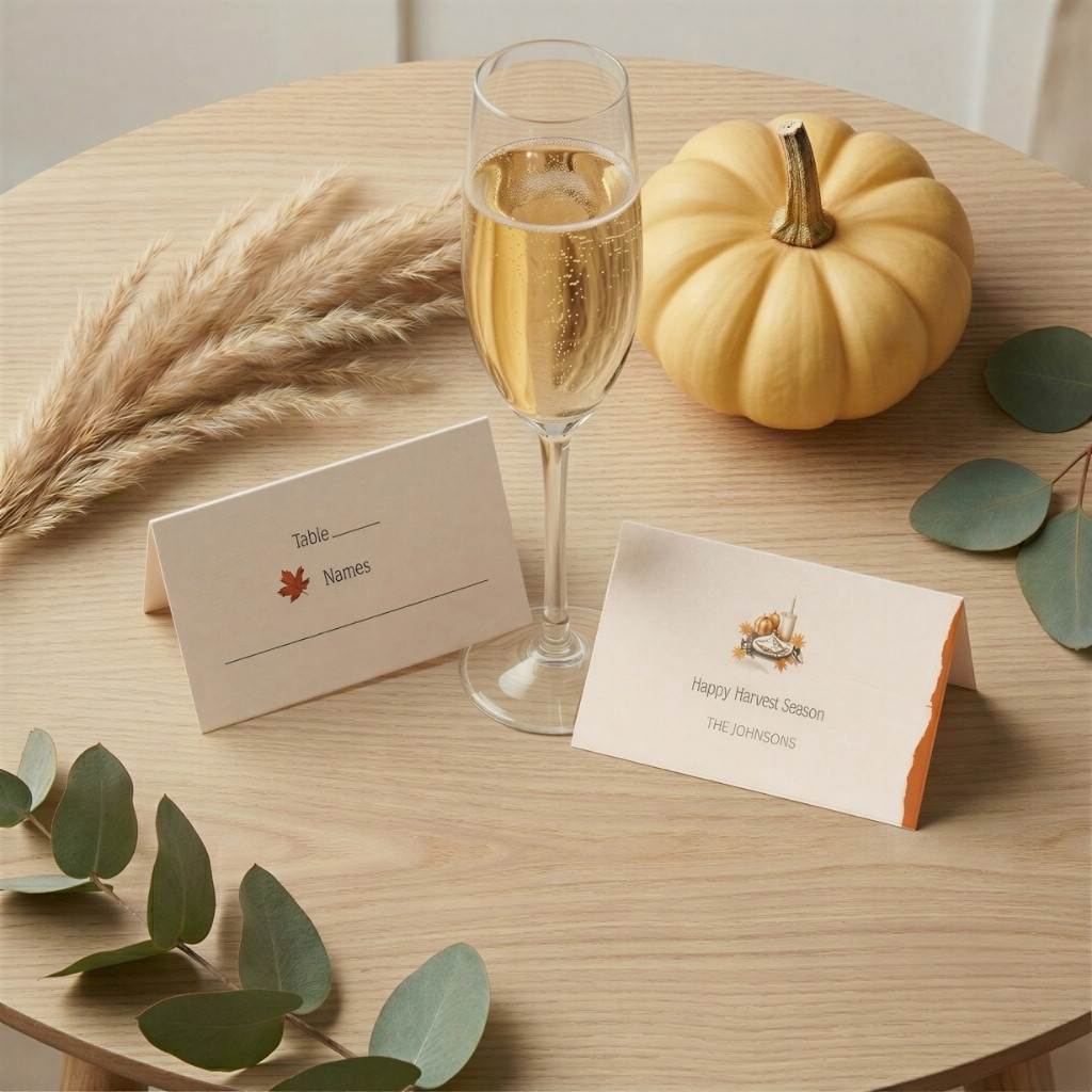 Personalized Thanksgiving place cards displayed beside a champagne flute, pumpkin, and harvest-inspired table accents.