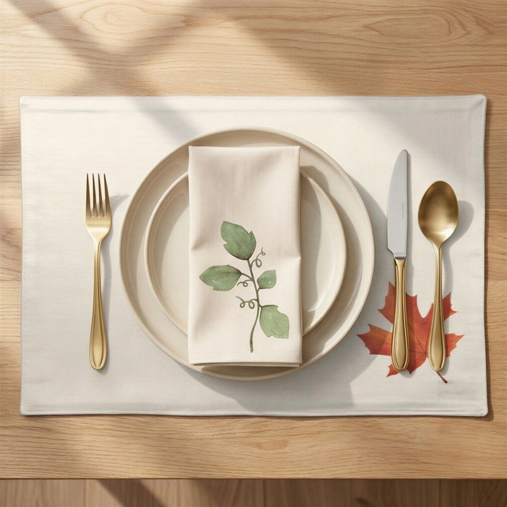 Neutral Thanksgiving place setting featuring coordinating watercolor leaf napkin and placemat on an elegant harvest table.