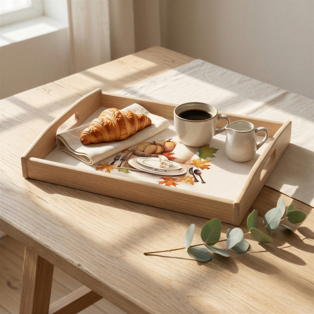 Wooden serving tray featuring watercolor harvest artwork styled with coffee, croissant, and linen napkin.