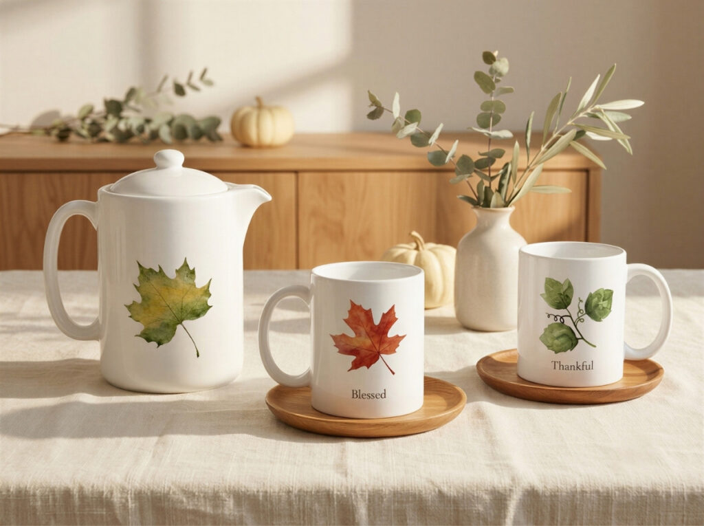 White teapot and Thanksgiving mugs with maple leaf and botanical designs styled on a neutral harvest table