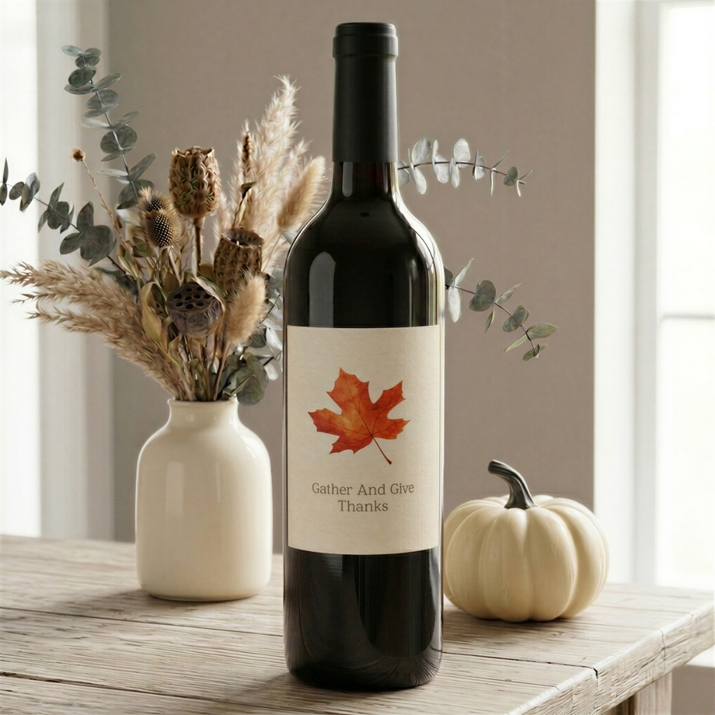 Wine bottle with orange maple leaf Thanksgiving label and seasonal styling