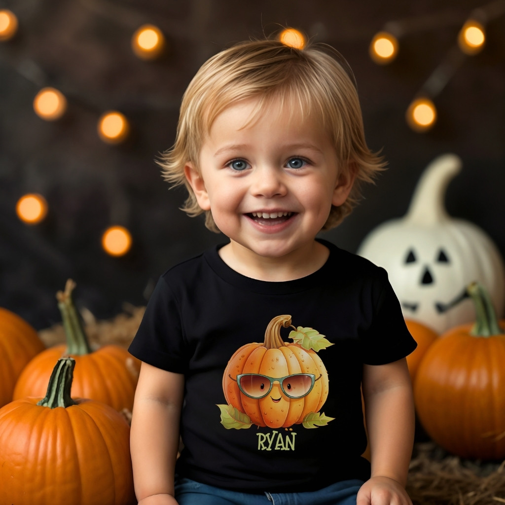 Toddler wearing a personalized pumpkin Halloween T-shirt representing the Pumpkin Party collection for babies, toddlers, gifts, and celebrations.