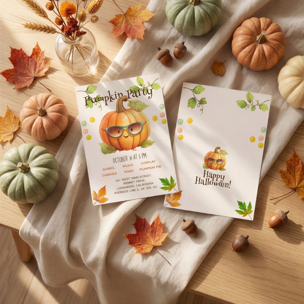 Personalized watercolor pumpkin Halloween invitation styled among heirloom pumpkins and autumn décor.