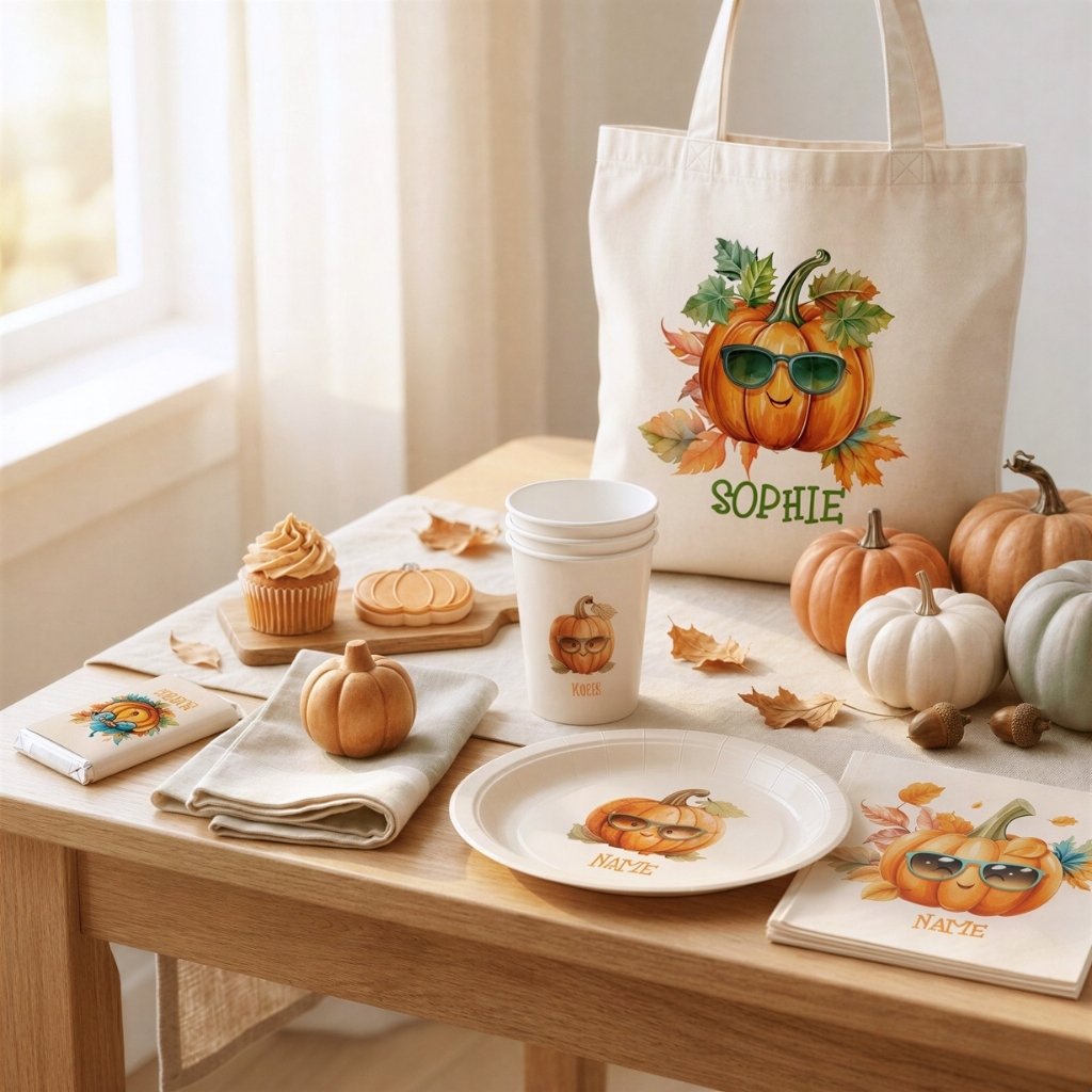 Personalized pumpkin nursery print, party cups and napkins styled together for autumn decorating.