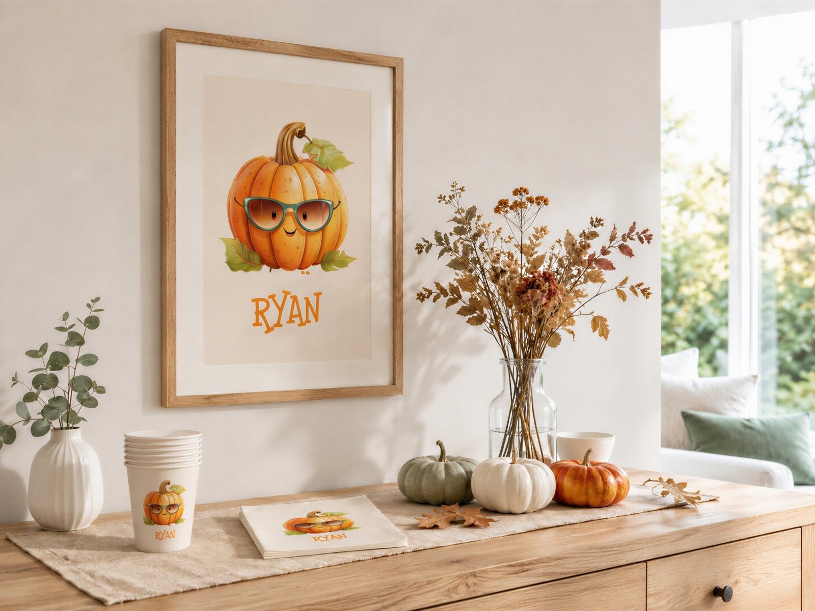 Personalized pumpkin Halloween party collection with nursery decor, party supplies and custom keepsakes for kids.