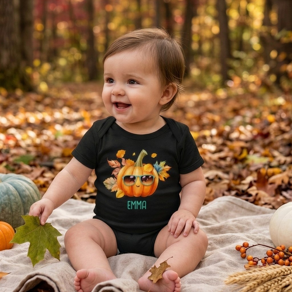 Baby wearing a personalized cute pumpkin bodysuit while enjoying an autumn picnic surrounded by pumpkins.