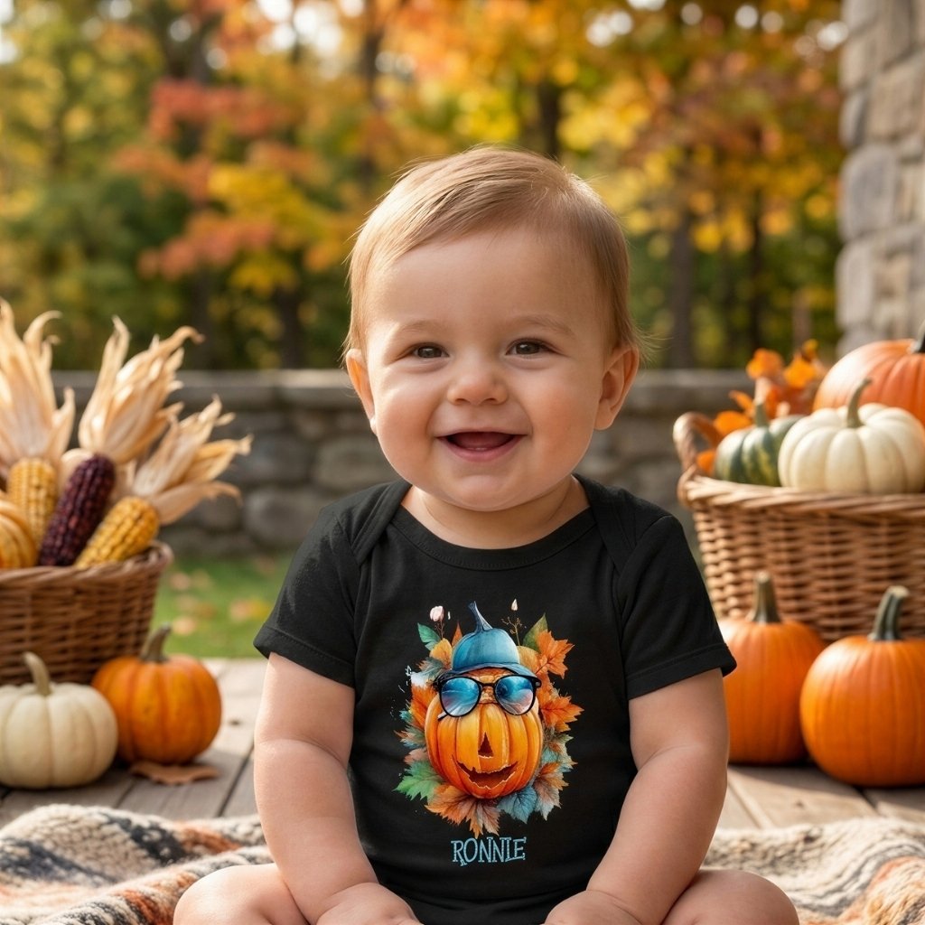 Baby wearing a personalized happy pumpkin Halloween bodysuit outdoors during autumn.