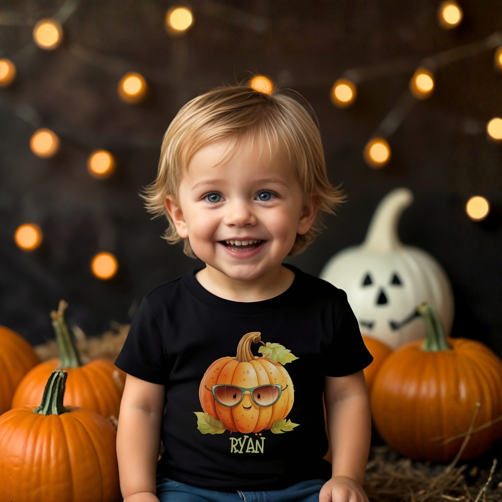 Toddler wearing a personalized pumpkin Halloween T-shirt with smiling watercolor pumpkin design.